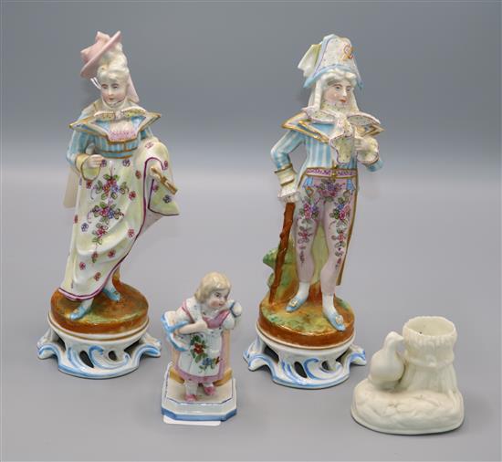 Late 19C German gallant and companion, another small porcelain figure and a white ceramic vase mounted with a bird